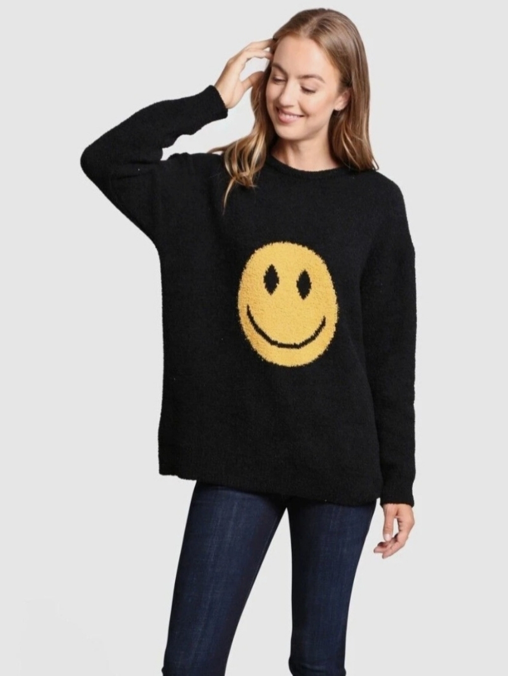 🙂NWT COMFYLUXE "Happy Face🙂 Pattern Luxury Soft🥰 Lounge Sweater" Black🖤 XS/S